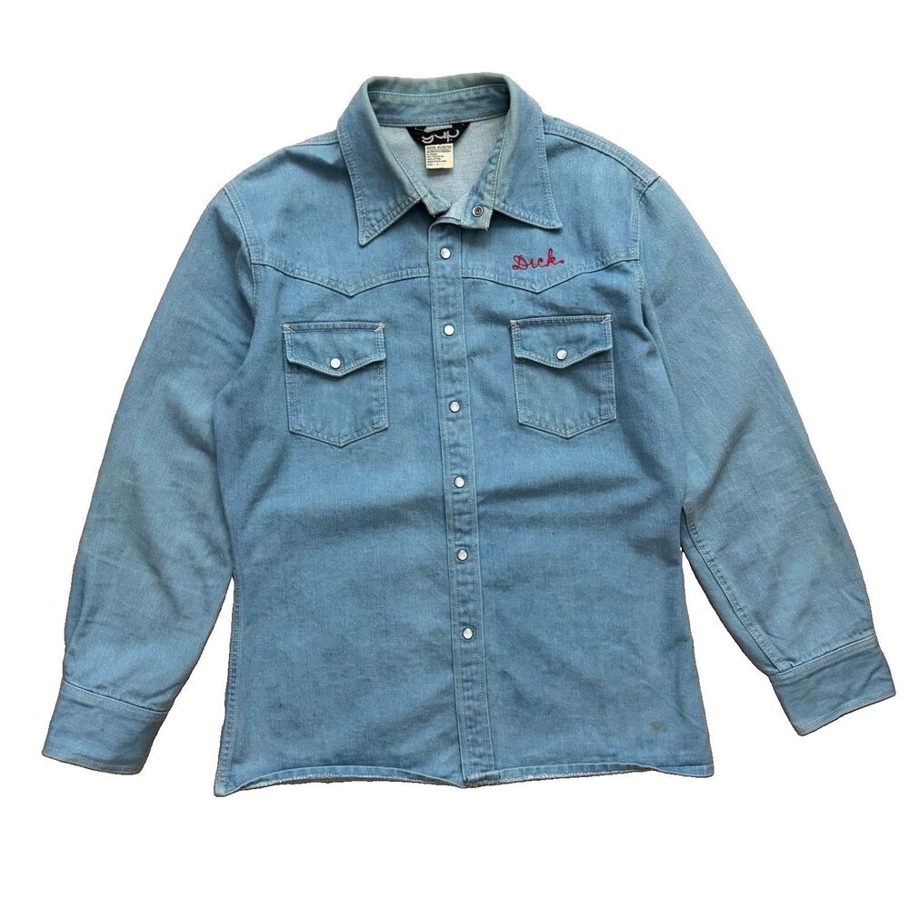 Vintage 70s Gap Pearl Snap Western Denim Shirt Mens L Chainstitch Starshine Rare